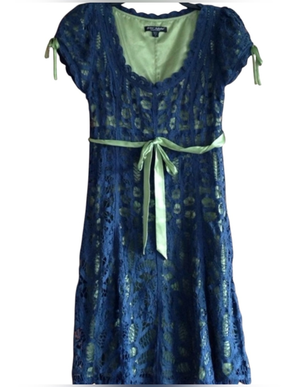 NWT VINTAGE BETSY JOHNSON 100% SILK SHELL NAVY BLUE CROCHET DRESS SIZE 2